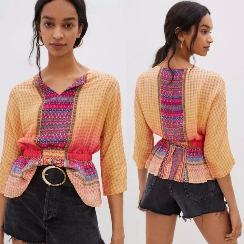 NEW Anthropologie Tanvi Kedia Isaline Quarter Sleeve Fitted Waist Blouse Small